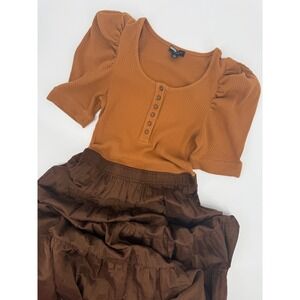 Current Air Anthropologie Dress Small Brown Puff Sleeve Tiered Midi Fall Cottage